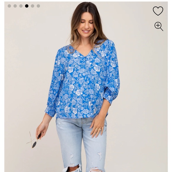 Pinkblush Blue Floral Paisley Button Front 3/4 Sleeve Maternity Top - Picture 3 of 13